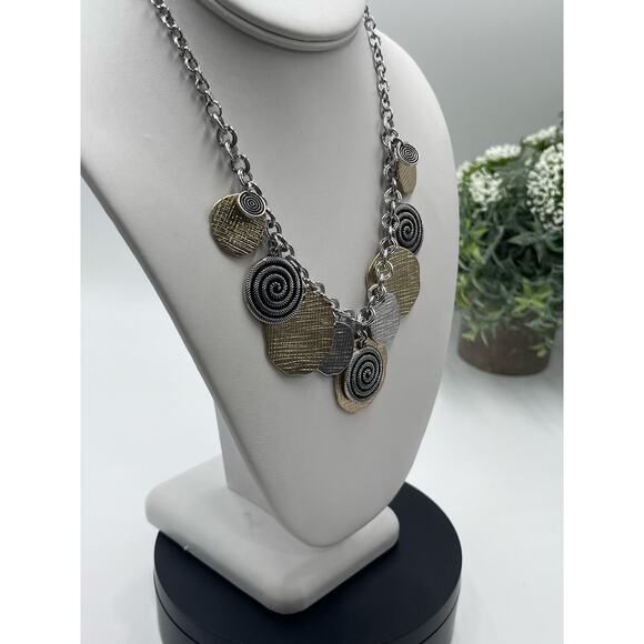 Chicos Mixed Metal Spiral Textured Coin Disc Dangle Necklace - Picture 4 of 8